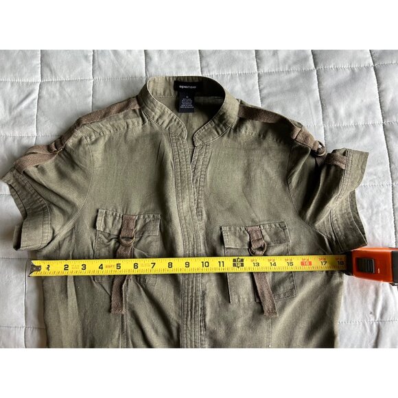 SPENSE Army Green Shirt Dress Sz 10 LINEN Blended Belted Pockets Vneck Short Sle - Picture 3 of 8